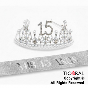 SET VINCHA Y BANDA MIS 15 A�OS PERLAS Y STRASS PLATA (10548G) X 1